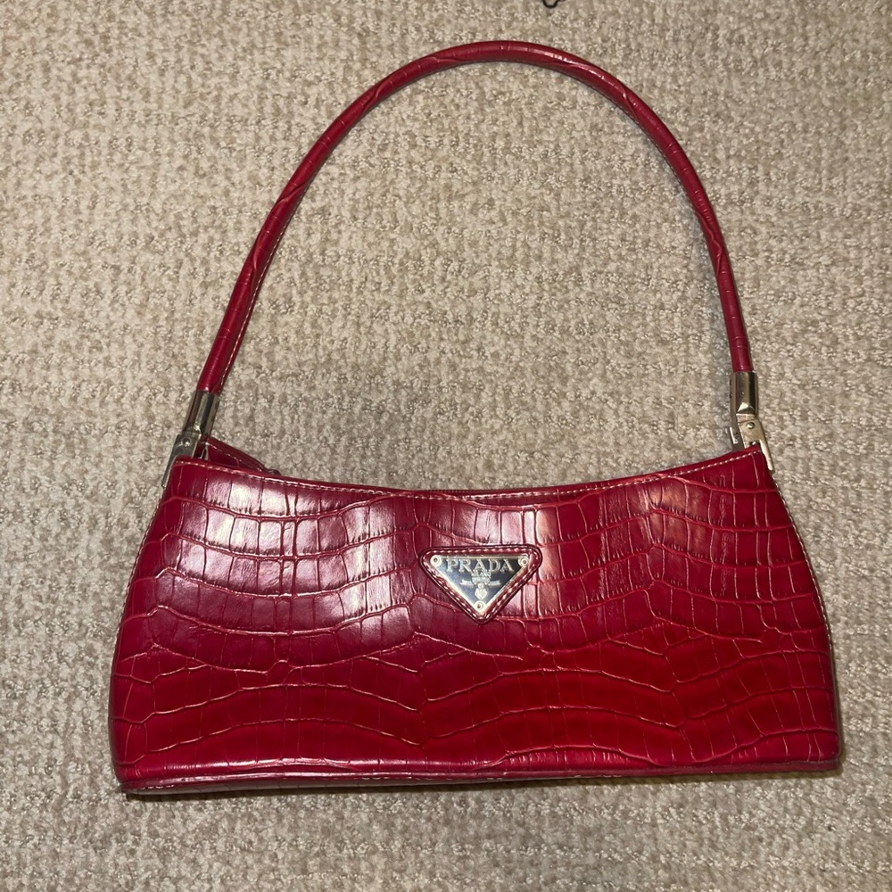 Prada Red Croc-Embossed Shoulder Bag